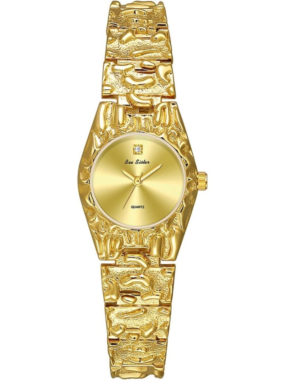 Women's Gold Luxurious Textured Jewelry Chain Minimalist Dial Quartz Wrist Watch